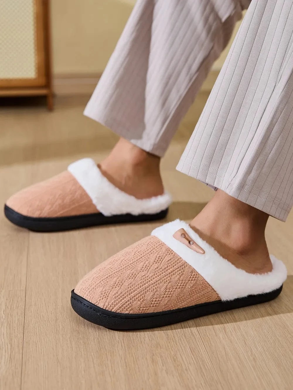 Fashorio Horn Buckle Furry Texture Flat Slippers