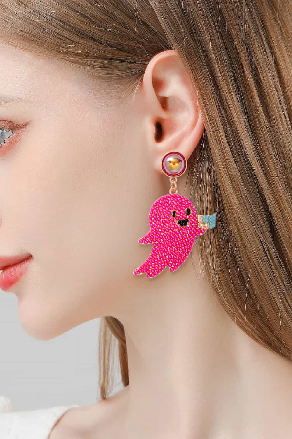 Fashorio Hot Pink / One Size Ghost Shape Synthetic Pearl Dangle Earrings