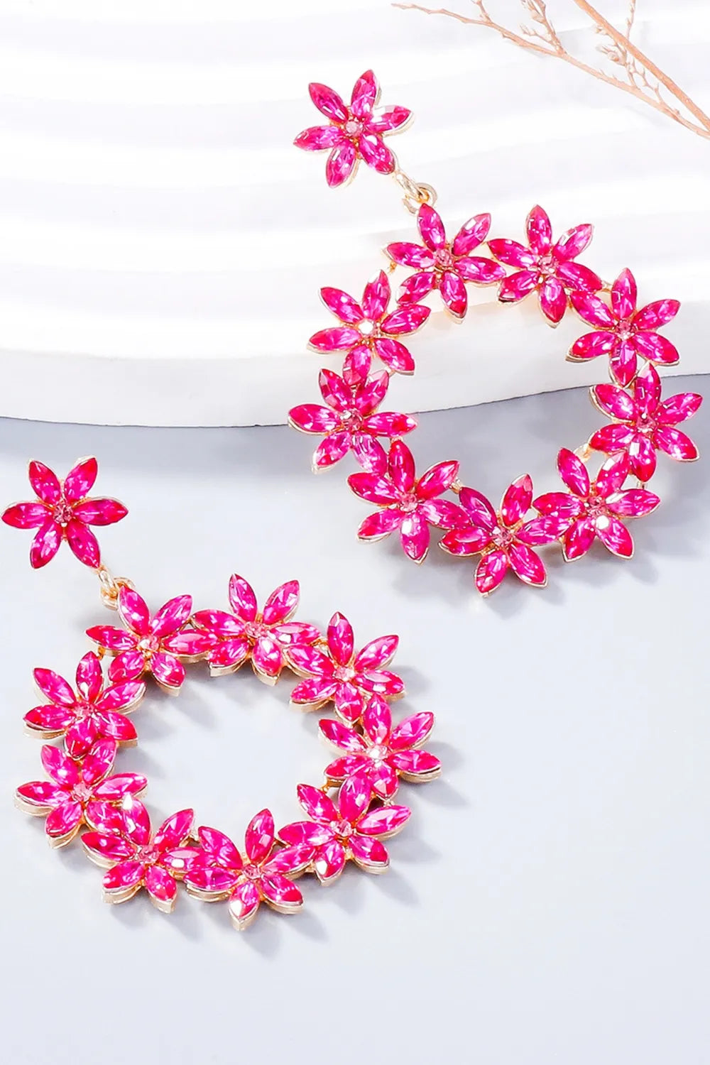 Fashorio Hot Pink / One Size Rhinestone Flower Dangle Earrings