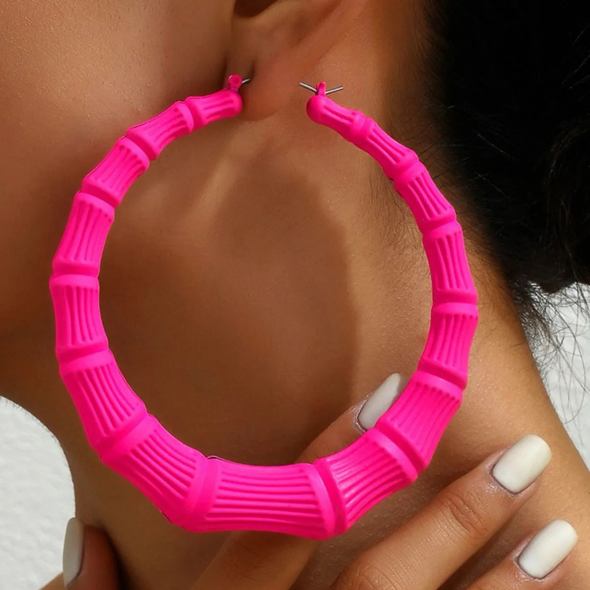 Fashorio Hot Pink / One Size Stainless Steel Textured Hoop Earrings
