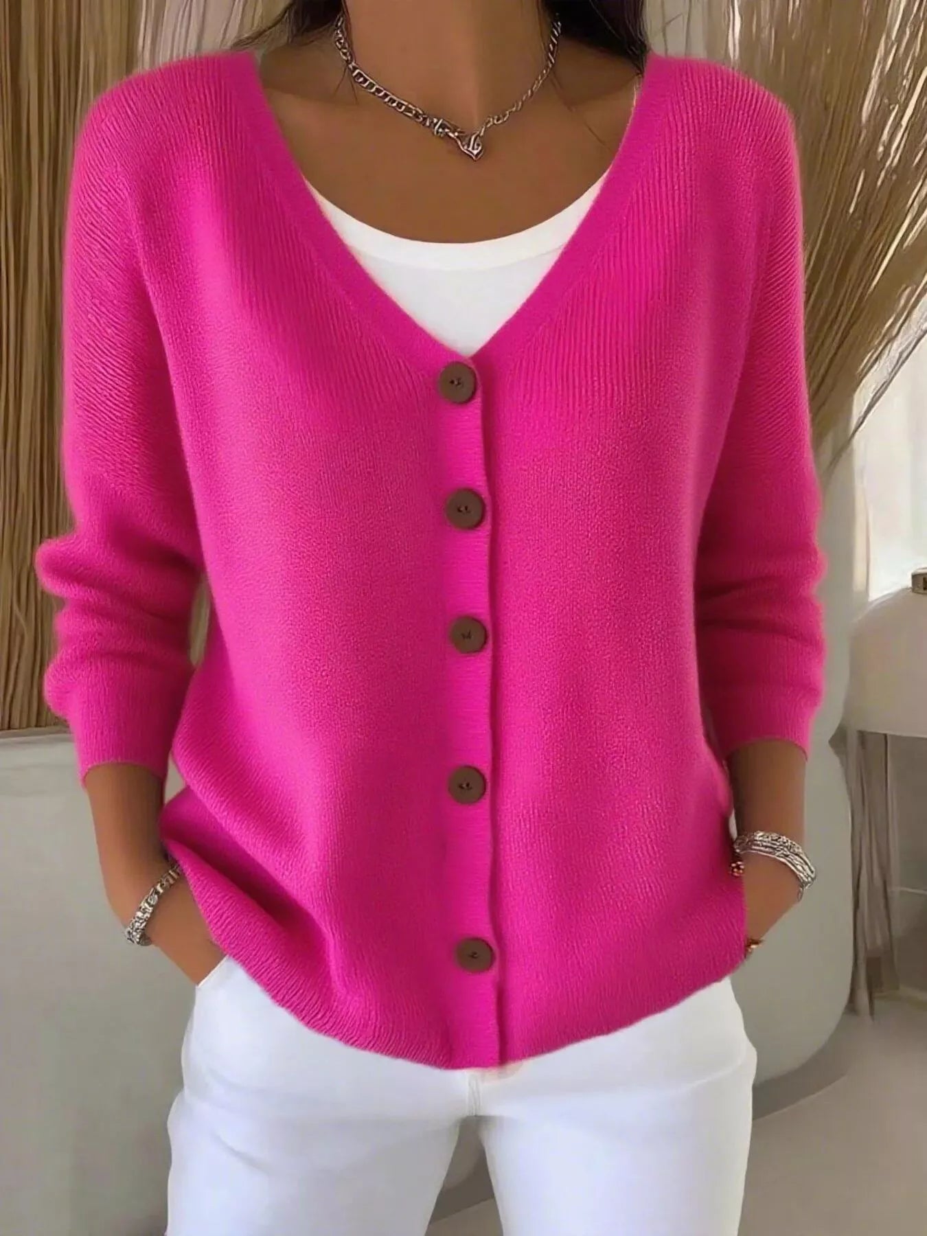 Fashorio Hot Pink / S Full Size Button-Front V-Neck Cardigan Plus Size