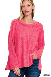 Fashorio HOT PINK / S/M Zenana Brushed Hacci Exposed Seam Hi Low Sweater