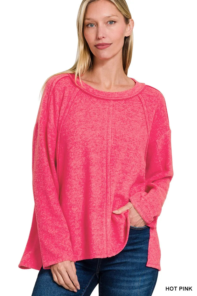 Fashorio HOT PINK / S/M Zenana Brushed Hacci Exposed Seam Hi Low Sweater