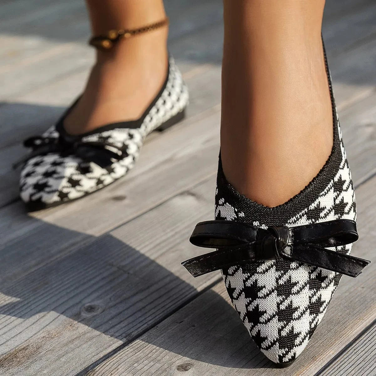 Fashorio Houndstooth Point Toe Flats Slip-Ons