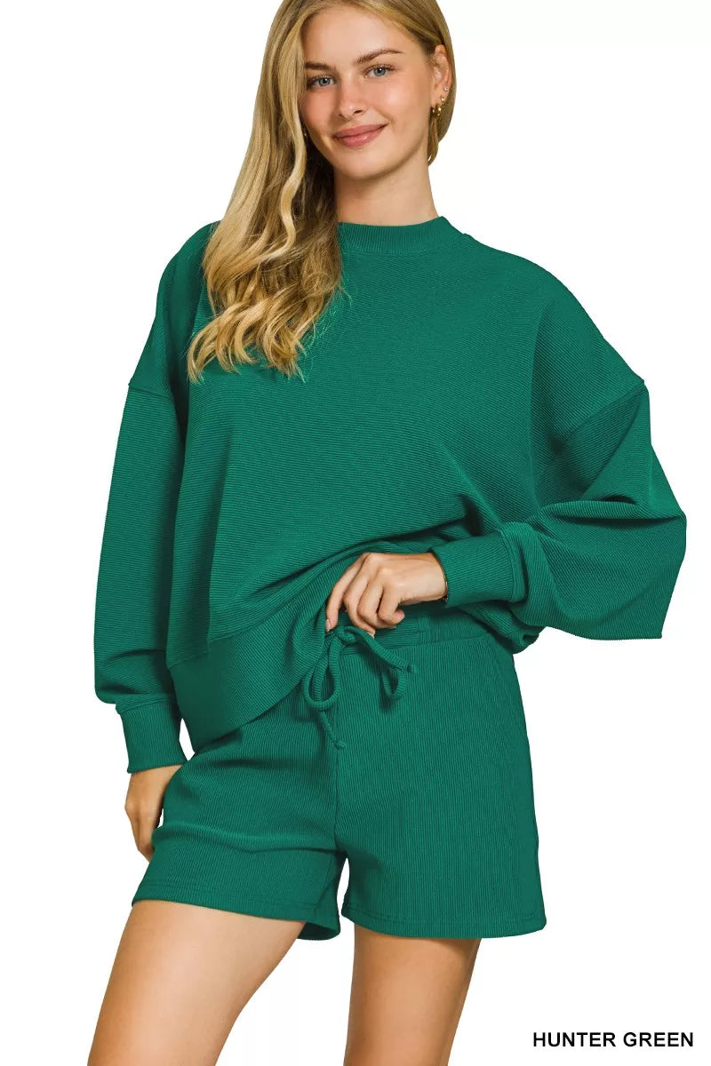 Fashorio HUNTER GREEN / S Zenana Ribbed Round Neck Pullover and Shorts Set
