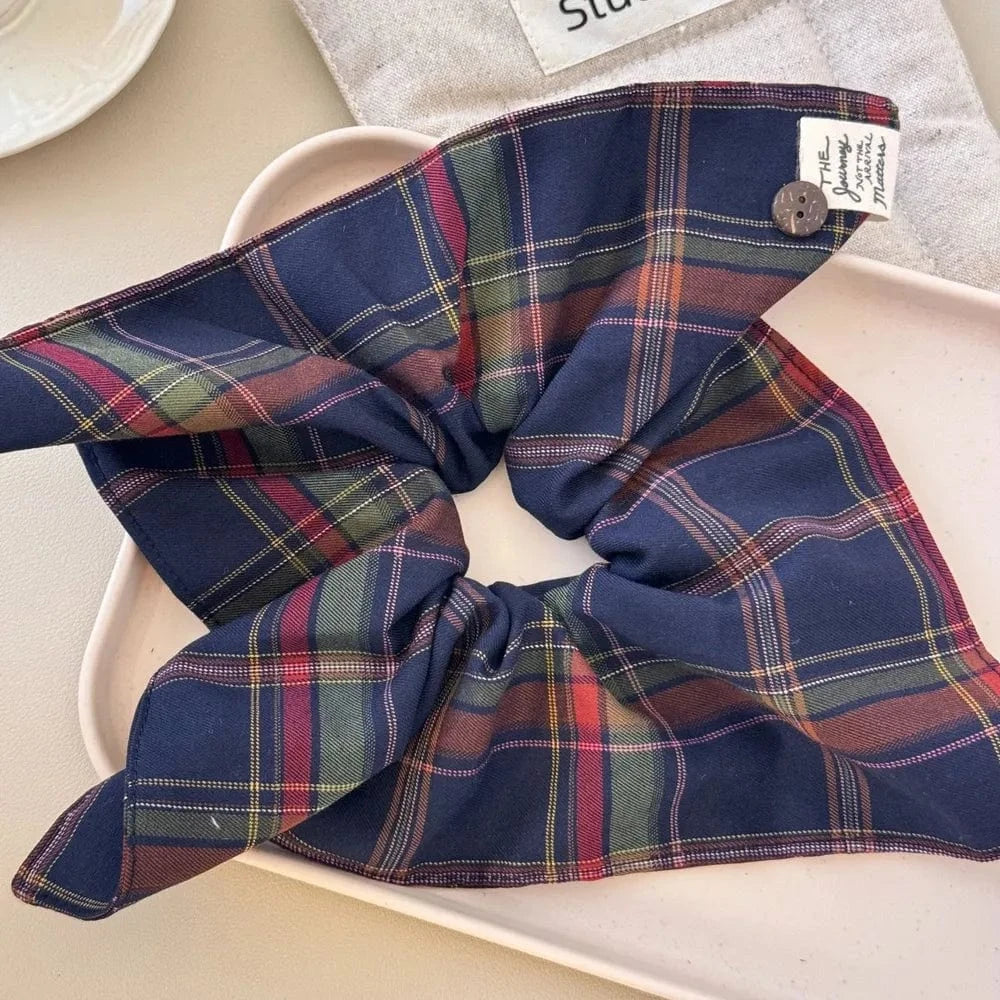 Fashorio Indigo / One Size Contrast Plaid Elastic Hair Scrunchy