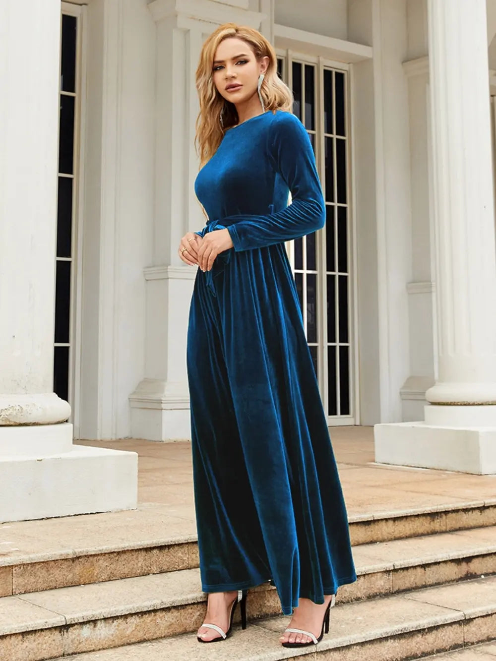 Fashorio Indigo / S Tie Front Round Neck Long Sleeve Maxi Dress