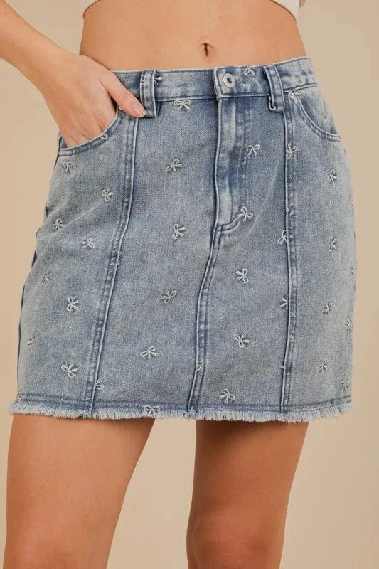 VERY J Bow Printed Casual Denim Mini Skirt Indigo - Fashorio
