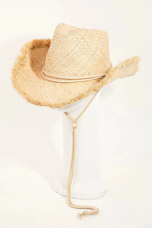 Fame Adjustable Strap Raw Hem Weave Hat IV One Size - Fashorio