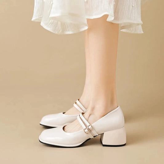 Double Buckle Strap Square Toe Mary Jane Heels Ivory - Fashorio