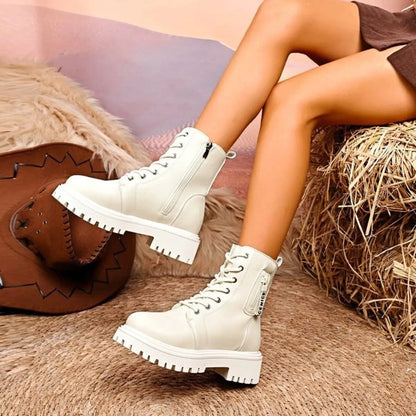 Lace-Up Platform Boots Ivory - Fashorio