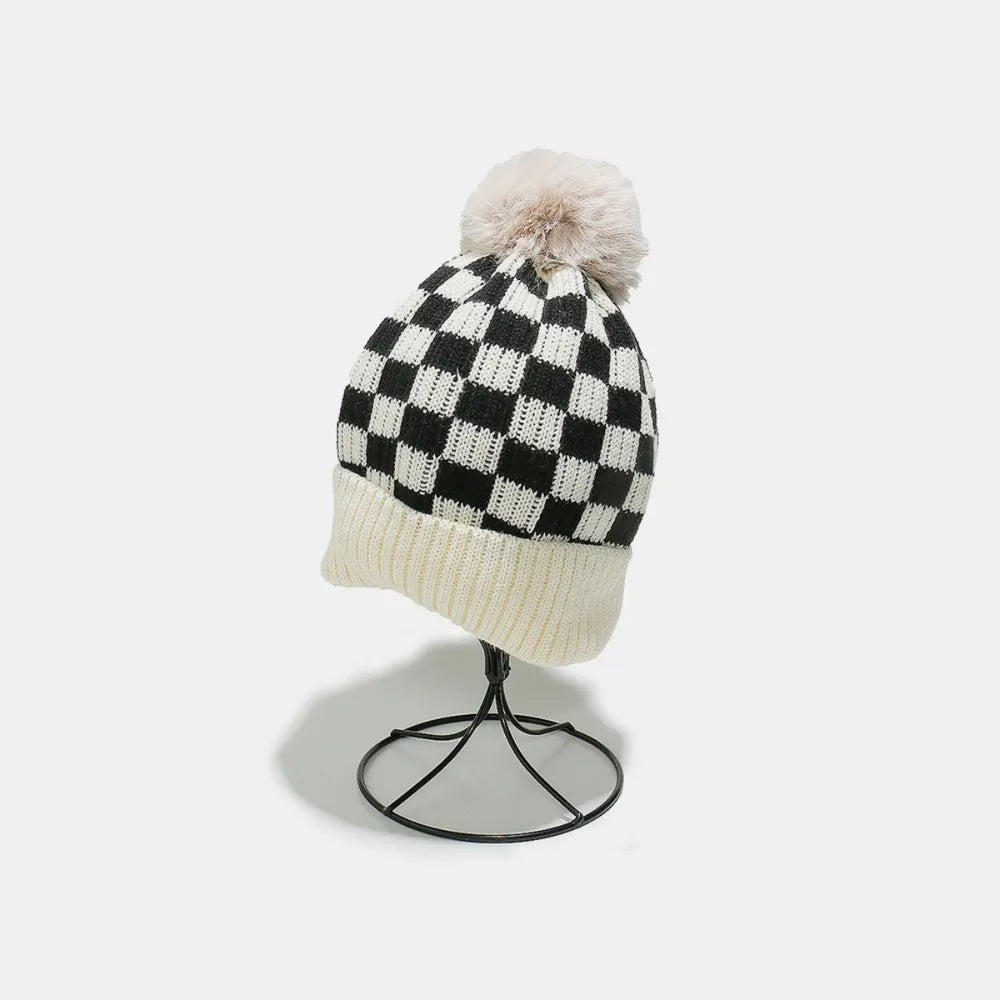 Fashorio Ivory / One Size Checkered Knit Hat with Pompom