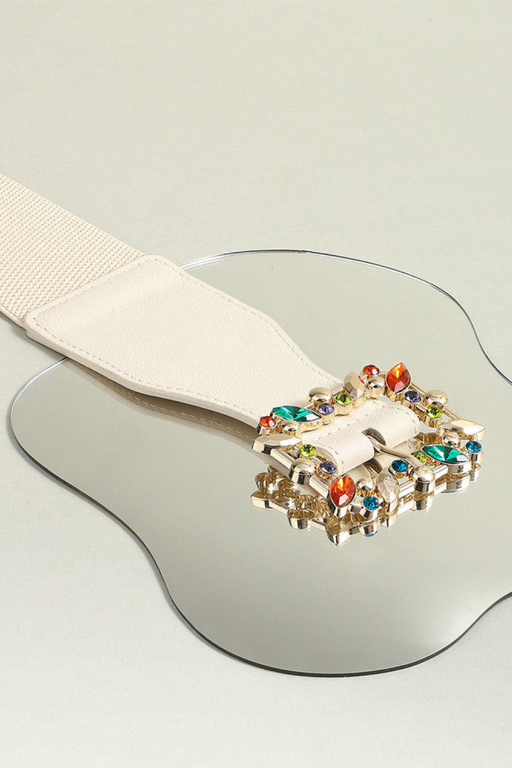 Fashorio Ivory / One Size Multicolored Leaf Buckle Elastic Belt