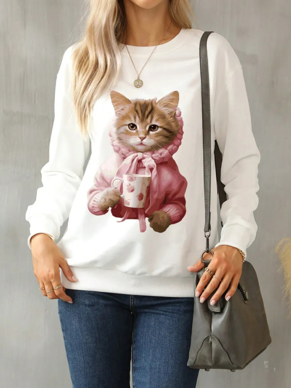 Fashorio Ivory / S Cat Round Neck Long Sleeve Sweatshirt