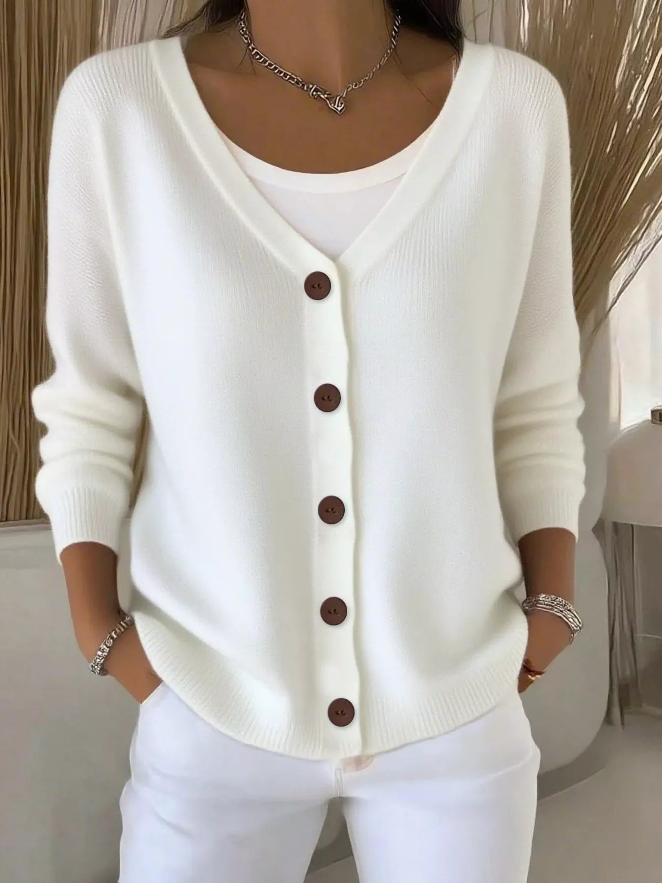 Fashorio Ivory / S Full Size Button-Front V-Neck Cardigan Plus Size