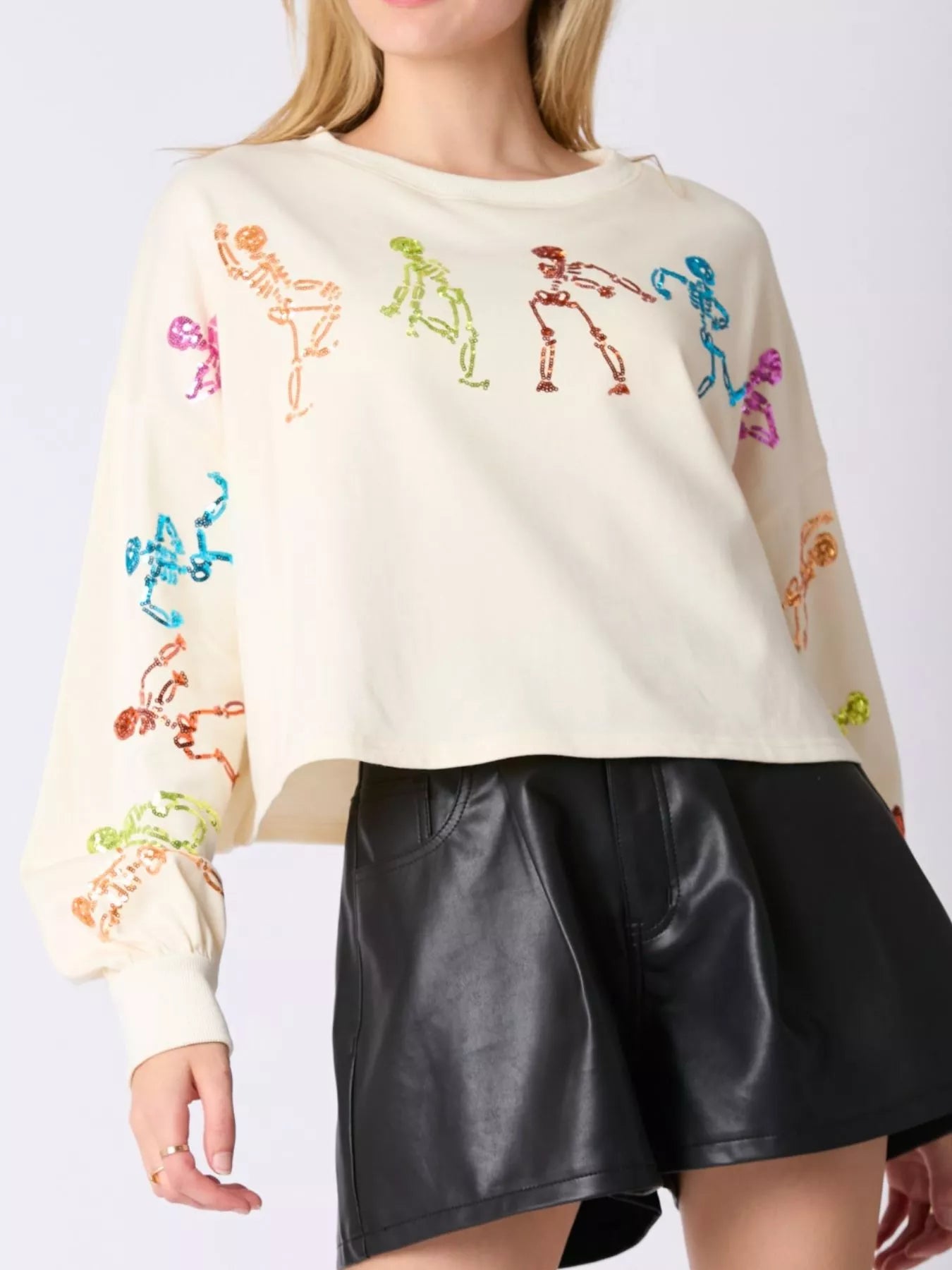 Fashorio Ivory White / S Halloween Colorful Sequin Skeleton Sweatshirt