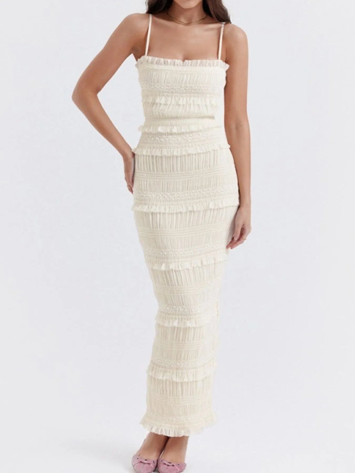 Fashorio Ivory White / XS Frill Tiered Textured Maxi Cami Dress