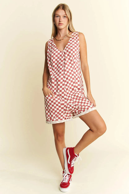 Jade By Jane Plus Size Back Tie Sleeveless Plaid Romper with Pockets - Fashorio