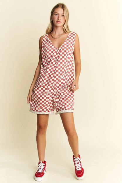 Jade By Jane Plus Size Back Tie Sleeveless Plaid Romper with Pockets - Fashorio