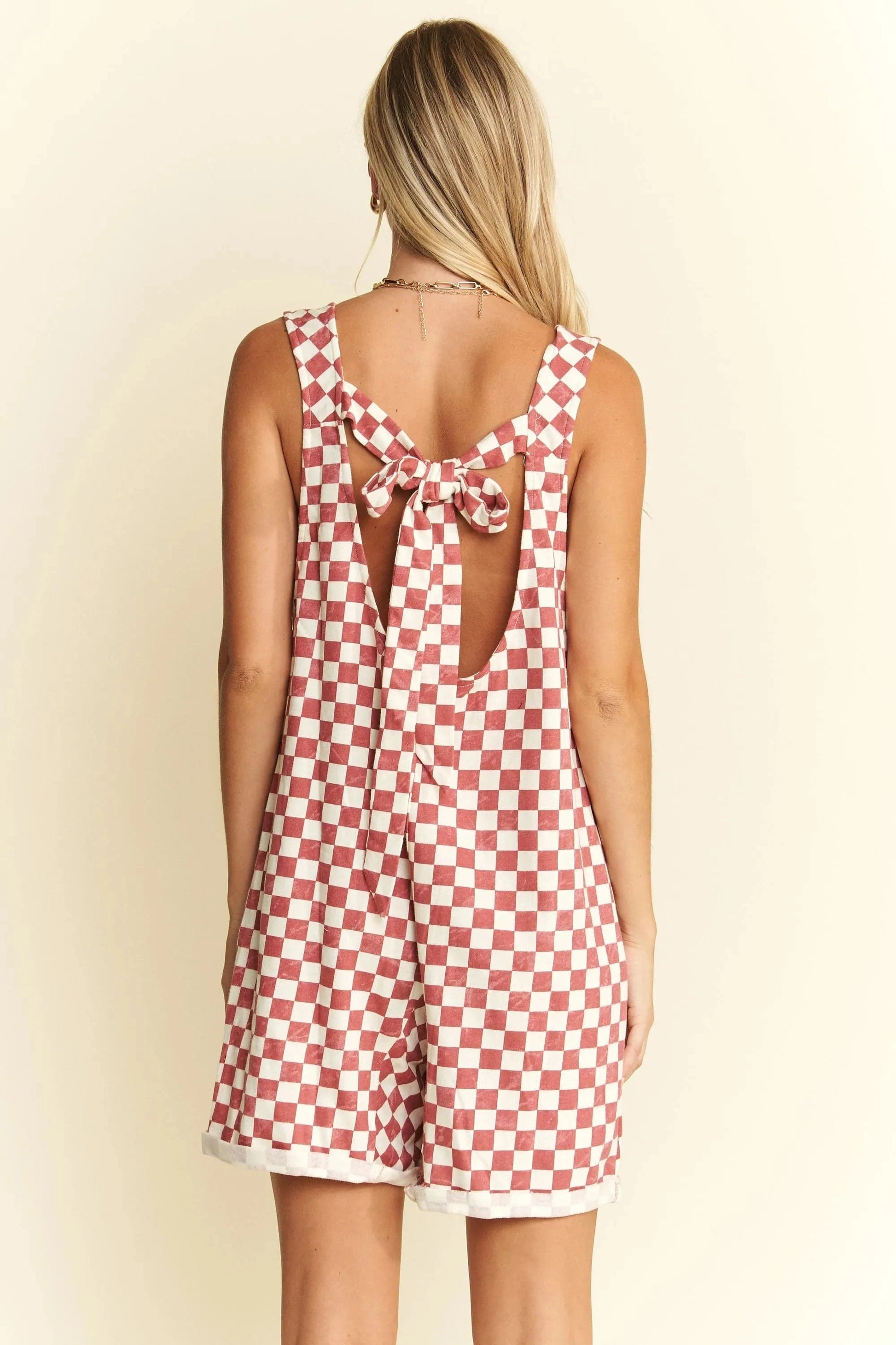 Jade By Jane Plus Size Back Tie Sleeveless Plaid Romper with Pockets - Fashorio