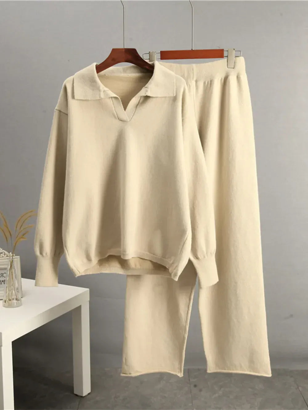 Fashorio Johnny Collar Long Sleeve Top and Pants Sweater Set