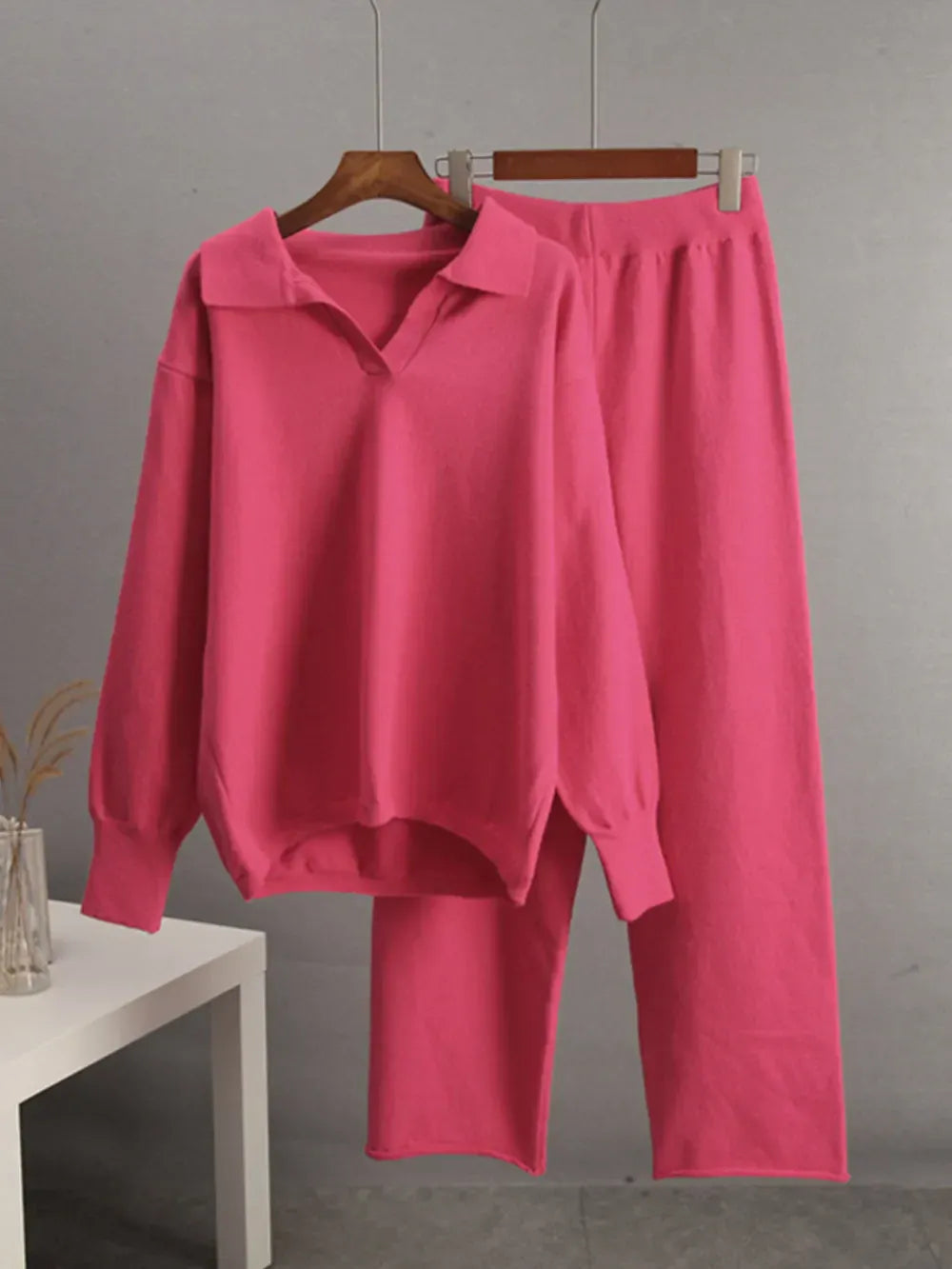 Fashorio Johnny Collar Long Sleeve Top and Pants Sweater Set