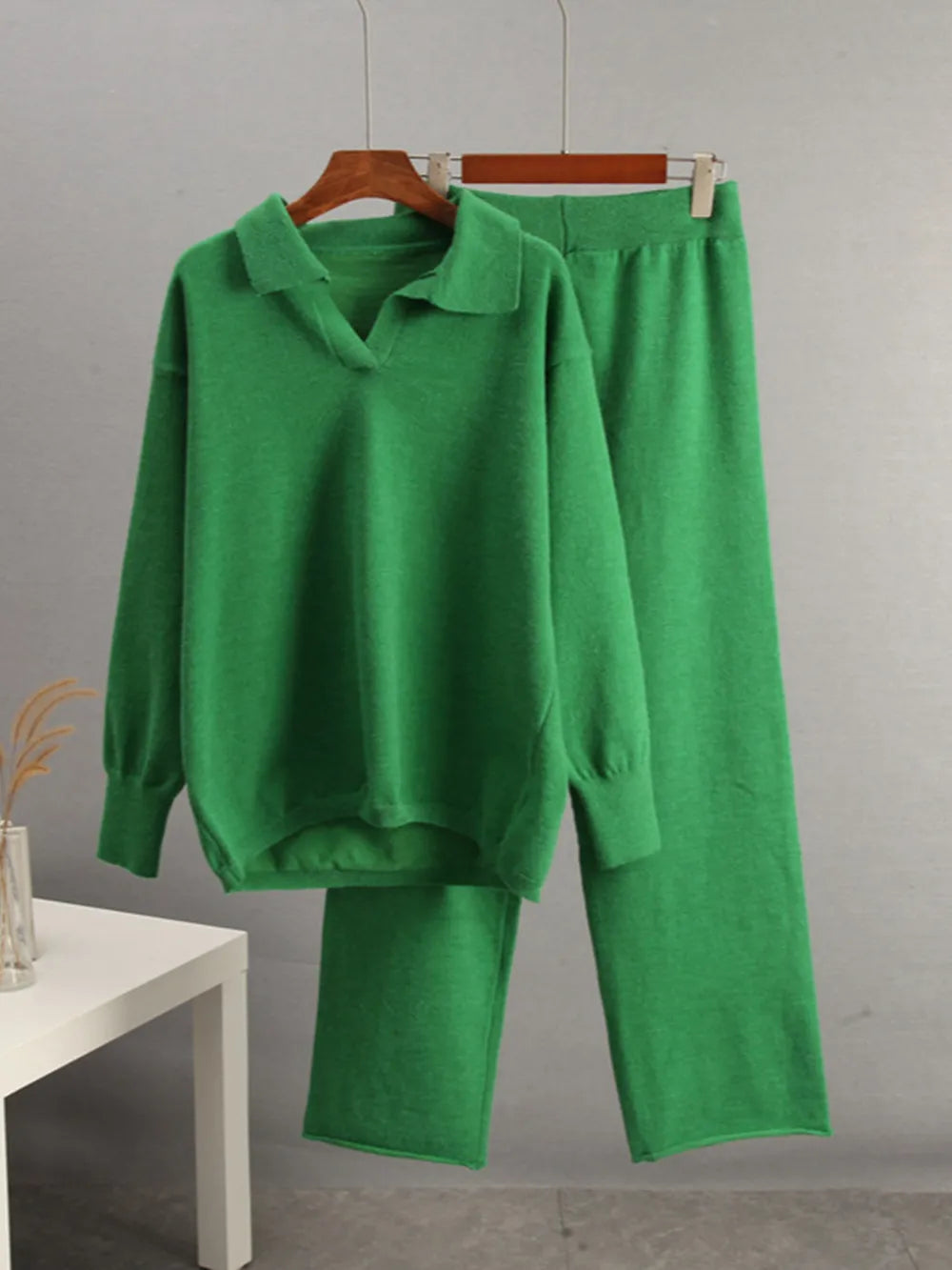 Fashorio Johnny Collar Long Sleeve Top and Pants Sweater Set
