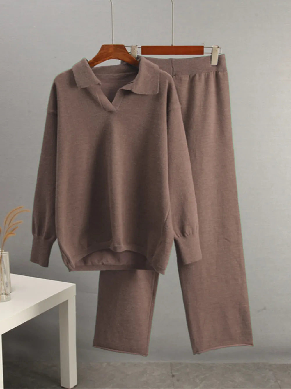 Fashorio Johnny Collar Long Sleeve Top and Pants Sweater Set