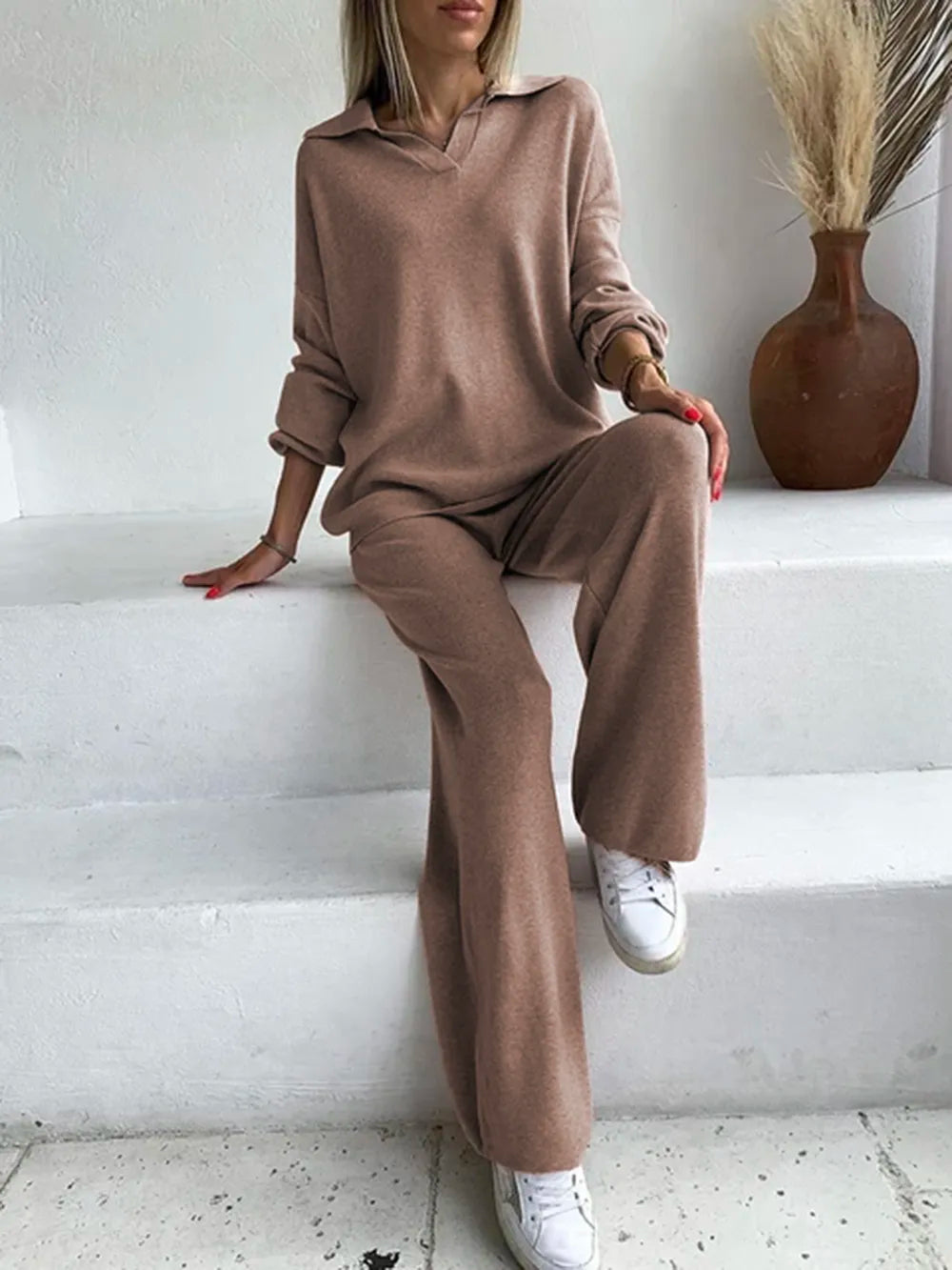 Fashorio Johnny Collar Long Sleeve Top and Pants Sweater Set