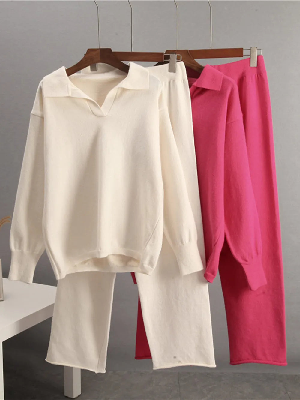 Fashorio Johnny Collar Long Sleeve Top and Pants Sweater Set