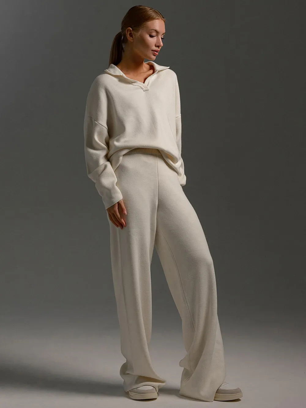 Fashorio Johnny Collar Long Sleeve Top and Pants Sweater Set