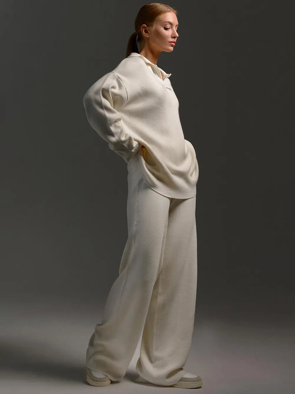 Fashorio Johnny Collar Long Sleeve Top and Pants Sweater Set