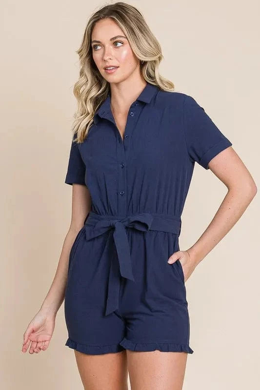 Fashorio Jumpsuits & Rompers Lime 'N' Chili Collared Button Down Romper with Tie Belt