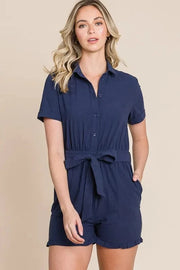 Fashorio Jumpsuits & Rompers NAVY / S Lime 'N' Chili Collared Button Down Romper with Tie Belt