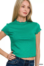 Fashorio K GREEN / S Zenana Cotton Modal Slub Lettuce Trimmed Cropped T-Shirt