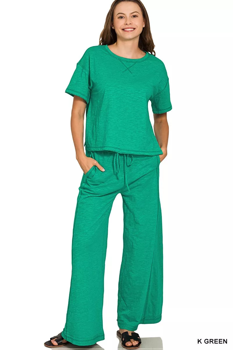 Fashorio K GREEN / S Zenana Cotton Slub Short Sleeve Tee and Pants Set