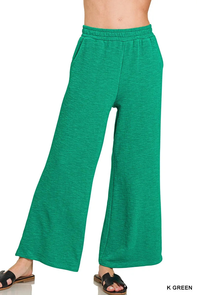 Fashorio K GREEN / S Zenana Cotton Slub Wide Leg Pants