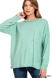 Fashorio K GREEN / S Zenana Soft Melange Hacci Round-Neck Long Sleeve T-Shirt