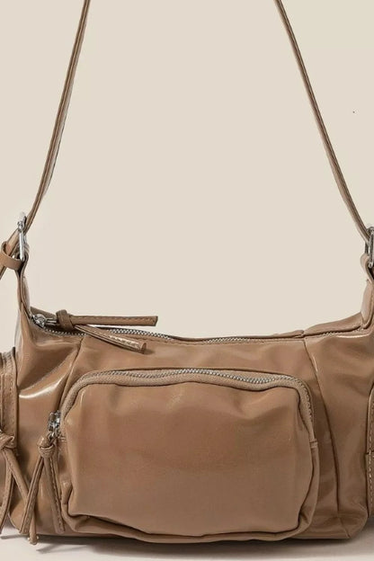 Fame Glossy Faux Leather Multi Pocket Hand Bag - Fashorio
