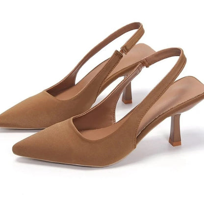 Point Toe Kitten Heel Slingback Pumps Khaki - Fashorio