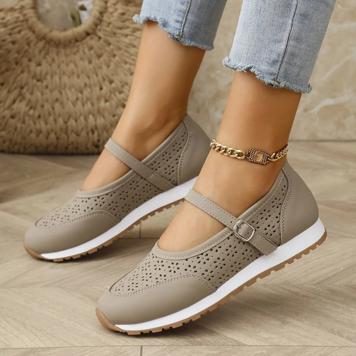 Fashorio Khaki / 36 Perforated Mary Jane Slip-Ons with Athletic Sole