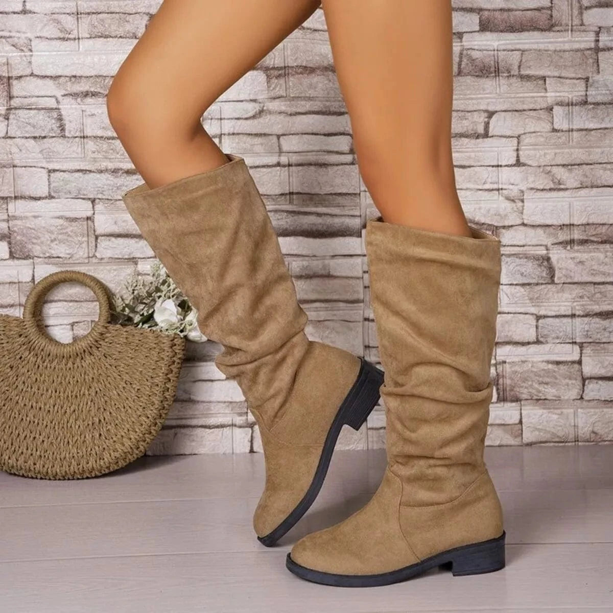 Round Toe Block Heels Boots Khaki - Fashorio