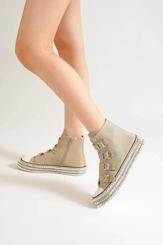 Beast Fashion Multi-Buckle Straps Studded Platform Sneakers Khaki - Fashorio