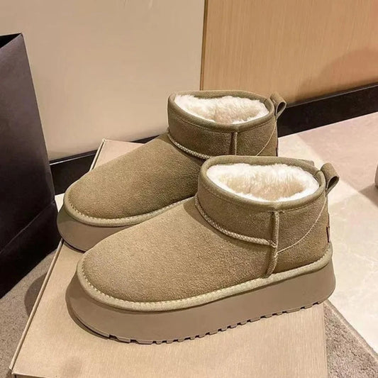 Fleece Lined Chunky Platform Mini Boots Khaki - Fashorio