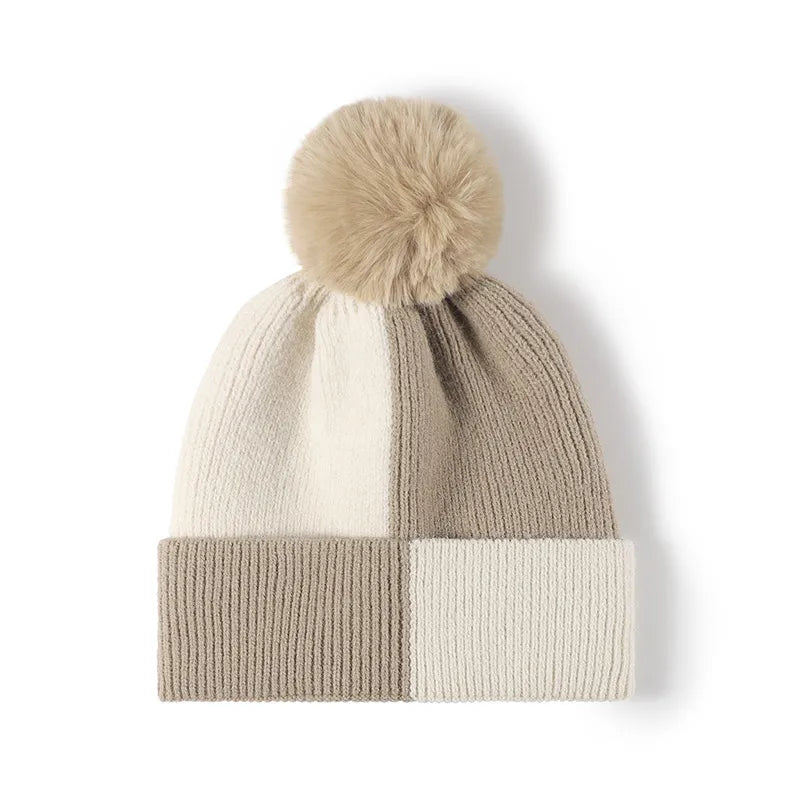 Fashorio Khaki / One Size Color Block Knit Hat with Pom-pom