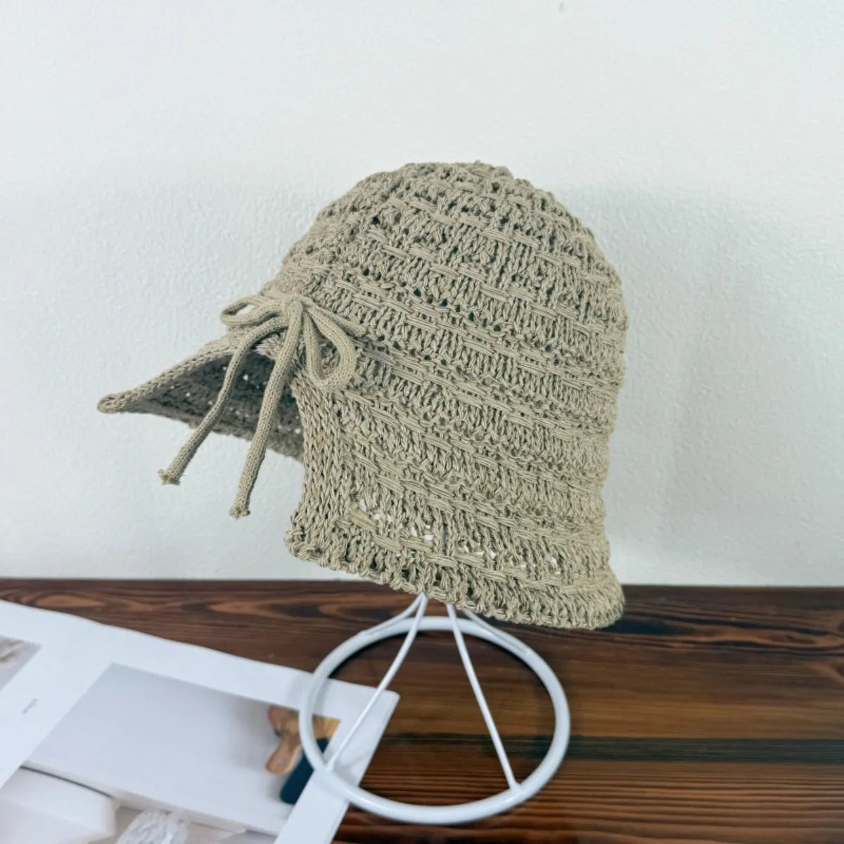Fashorio Khaki / One Size Crochet Bucket Hat with Drawstring