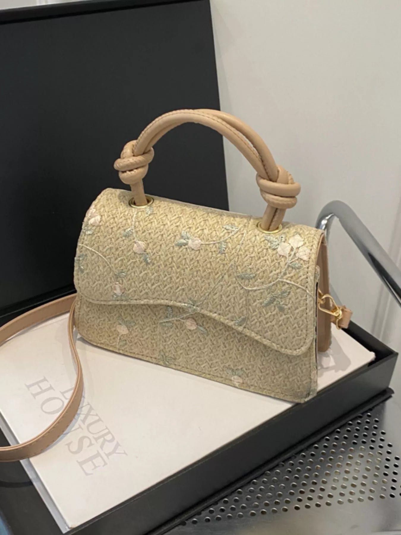 Fashorio Khaki / onesize Floral Embroidered Straw Woven Crossbody Bag