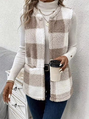 Fashorio Khaki / S Cozy Plaid Sherpa Vest Coat