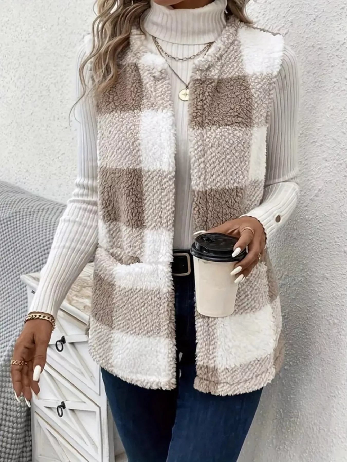 Fashorio Khaki / S Cozy Plaid Sherpa Vest Coat
