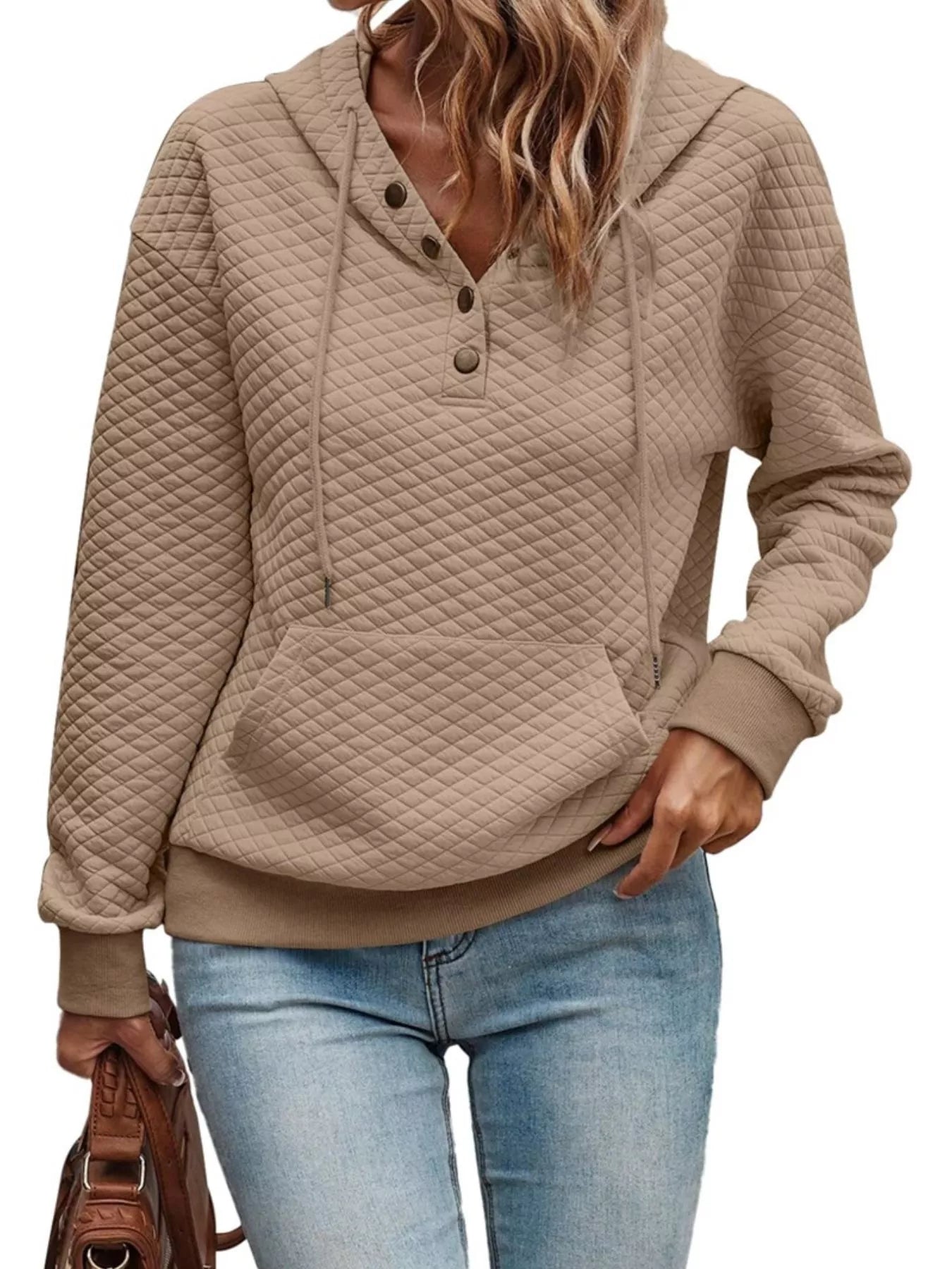 Fashorio Khaki / S Drawstring Textured Dropped Shoulder Hoodie